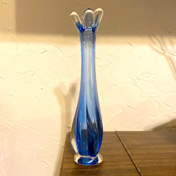 japan Other - Vintage 3 Finger Blue Swung Vase Art Glass Bud Vase Stretch Glass 10" Made Japan